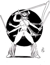 1girls big_breasts breasts female female_only front_view helmet holding_sword marvel marvel_comics michael_powell middle_finger monochrome multi_arm multi_limb naked powguero pubic_hair rita_wayword solo spiral_(marvel) standing sword swords weapons x-men