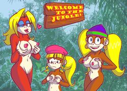 3girls anthro areola blonde_hair blowing_kiss blue_eyes breast_envy breasts busty candy_kong cleavage dixie_kong doncorneo donkey_kong_(series) eyeshadow female female_only furry hoop_earrings kong lipstick multiple_females multiple_girls nintendo nipples siblings sisters small_breasts tied_hair tiny_kong twintails voluptuous wink