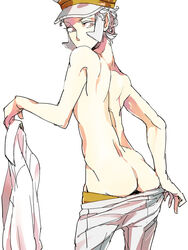 ass clothes color emmet_(pokemon) grey_hair hair hat male male_only pokemon solo standing subway_boss tagme topless