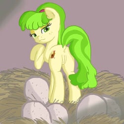 ass beauty_mark cutie_mark egg equine freckles friendship_is_magic green_eyes green_hair hair hay horse ms._peachbottom_(mlp) my_little_pony pony pussy yellow_fur