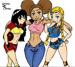 adult_swim afro aged_up asian black_eyes black_hair blonde_hair braids brown_hair cindy_mcphearson daisy_dukes dark-skinned_female green_eyes jazmine_dubois long_hair ming_long-dou navel slashysmiley straight_hair the_boondocks thong white_background