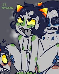 1girls 2boys black_hair breasts color equius_zahhak female homestuck horns karkat_vantas lemonteaflower looking_up male medium_breasts ms_paint_adventures nepeta_leijon nude open_eyes open_mouth sex short_hair sitting straight sunglasses text tongue troll uncensored yellow_eyes