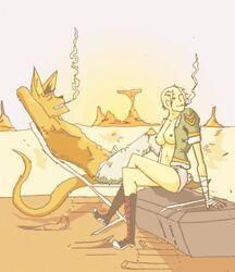 1boy 1girls anthro booga breasts_out cigarette crossed_legs desert open_jacket outdoors rebecca_buck short_shorts side_shave sitting smoking tagme tank_girl wooden_floor