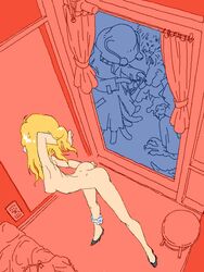 adjusting_hair alien ass blonde_hair breasts cote high_heels long_hair money naked_footwear naked_heels nude panties_around_leg panties_around_one_leg stripper window