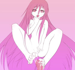 1boy breasts censored cum disembodied_penis erection feet flat_chest footjob human long_hair mahito_(artist) male male_pov masturbation monochrome nipples nude original partial_male penis pink pink_eyes pink_hair spread_legs straight very_long_hair