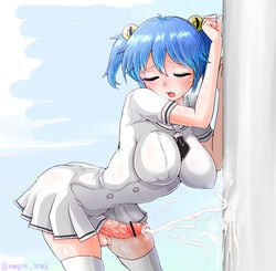 against_wall blue_hair blush censored closed_eyes cum ejaculation female futa_only futaba_yodoyume futanari handsfree_ejaculation intersex open_mouth penis short_hair testicles