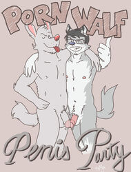 anthro balls canine english_text flaccid frottage fur furry furry_only gay glasses goatee hair hug looking_at_viewer male nipples nude penis text tongue wink wolfyama