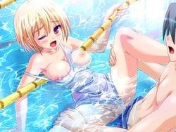 big_breasts blonde_hair blush breasts censored cum cum_in_water gakuen_shinsengumi! game_cg green_hair large_breasts pool pussy red_eyes sex sparkle sweat swimsuit vagina vaginal_penetration water