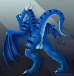 1boy 2011 anus ass back balls big_balls blue blue_eyes claws dragon dragoneer hindpaw horn looking_at_viewer looking_back male male_only nude paws presenting presenting_hindquarters raised_tail scalie solo spread_legs spreading stripes tabra tail teeth wings