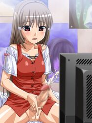 1futa breasts brown_hair censored cum cumming ejaculation futa_only futanari futanari_shoujo_no_shasei_nikki grey_hair hair_ornament hairclip intersex kuga_hajime large_penis long_hair masturbation no_panties penis poster pussy red_eyes short_hair sitting smile solo spread_legs takano_shiori television world_lover