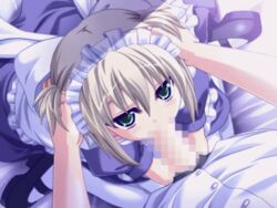 animated blush censored fellatio gakuen_shinsengumi! game_cg green_eyes hand_on_head irrumatio maid maid_headdress on_bed oral oral_sex ribbon shadow shoes short_hair silver_hair thighhighs