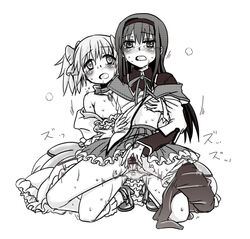 2girls akemi_homura black_hair black_legwear bow breast_grab bubble_skirt choker clothes_pull female flat_chest gloves hairband hairbow high_heels human ichigen long_hair looking_at_another looking_at_viewer madoka_kaname magical_girl mahou_shoujo_madoka_magica monochrome multiple_girls nipples open_clothes pantyhose pantyhose_around_one_leg pantyhose_pull pussy shirt_lift short_hair short_twintails simple_background skirt skirt_lift spread_pussy tied_hair twintails white_background yuri