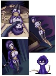 bondage breasts dc dc_comics dcau depowered forehead_jewel gag grey_skin helpless medium_breasts purple_eyes purple_hair rachel_roth raven_(dc) straight_hair teen_titans tied_up zeo-nell