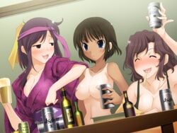 3girls alcohol bandage bandages bandaid bandaids_on_nipples beer blue_eyes blush bottle breasts brown_eyes brown_hair cleavage closed_eyes dark_skin drinking drunk female female_only happy headband human koi_to_mizugi_to_taiyo_to large_breasts liqour long_hair multiple_females multiple_girls nipples nude purple_hair purple_headband short_hair smile smirk tan tank_top tanline