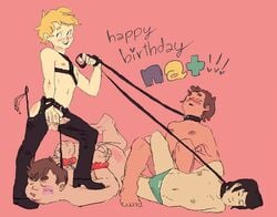 4boys bdsm_outfit birthday black_hair blonde_hair blush bondage bound_wrists bruise_on_face chaps closed_eyes clyde_donovan collar craig_tucker crying_with_eyes_open erect_nipples erection eric_cartman gay handcuffs hands_behind_back leash leash_pull leopold_butters_stotch male male_only multiple_boys nude penis riding_crop south_park spank_marks tear underwear_only yaoi