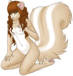 anthro breasts eura female green_eyes hair kneeling long_hair looking_at_viewer nude plain_background pussy skunk solo white_background