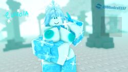 1girls 3d areolae big_breasts breasts character_name cyan_body cyan_hair cyan_nipples dream_game eunoia eyes female female_only ice king ktiiejiju_(artist) nipples pose reference_image roblox roblox_game robloxian smile snow sword thighs watermark white_skin