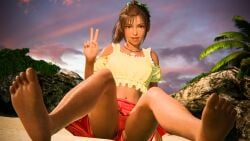 16:9_aspect_ratio barefoot beach breasts brown_eyes brown_hair clothing dark_skin feet female final_fantasy final_fantasy_vii final_fantasy_vii_rebirth final_fantasy_vii_remake foot_focus high_resolution initial_a jewelry looking_at_viewer midriff navel necklace outdoors palm_tree priscilla priscilla_(final_fantasy) shorts sitting skirt smile soles solo tied_hair toes tree underwear v very_high_resolution