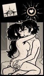 1boy 1girls accurate_art_style ai ai-created ai_generated andrew_graves ass black_hair blush breast_press breasts breasts_out closed_eyes cum cum_in_pussy cum_inside deep_kissing grabbing_another's_ass grabbing_from_behind hearts_around_head hug hugging_partner incest kissing medium_hair monochrome mother_and_son on_bed ponytail renee_graves sex shittyaistuff short_hair son_fucking_mother sperm_cell sperm_meets_ovum straddling sweat sweating the_coffin_of_andrew_and_renee the_coffin_of_andy_and_leyley upright_straddle vaginal_penetration vaginal_sex