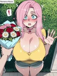 11_22 ai_generated blue_eyes blush bouquet choker cleavage covered_nipples flower fluttershy_(mlp) garden hands_up heart heavy_breathing huge_breasts large_breasts long_hair looking_at_viewer motion_lines my_little_pony open_mouth pale_skin pink_choker pink_hair pov pov_eye_contact pov_hands surprised sweat t-shirt thick_thighs twitching wide_eyed wide_hips yellow_shirt