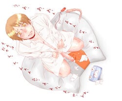 1boy anal_insertion blonde_hair cum male male_only masturbation natsume_yuujinchou penis pillow solo tissue tissues vibrator white_shirt