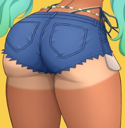 absurdres ass ass_focus brazilian_miku dark_skin female from_behind green_hair hatsune_miku head_out_of_frame highres huge_ass long_hair lower_body ryuseiart short_shorts shorts solo tan tanline twintails very_long_hair vocaloid