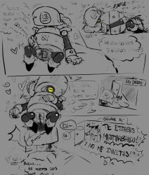 blush bodily_fluids brawl_stars comic cuntboy darryl_(brawl_stars) hi_res intersex male male_only masturbation moaning on_bed precum precum_drip precum_string robot sex_toy spanish_text squirting steam supercell surge_(brawl_stars) sweatdrop text