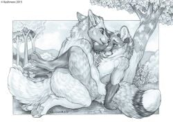 2015 against_natural_surface against_surface against_tree ambiguous_penetration anthro canid canine canis chest_tuft claws domestic_dog duo eye_contact fluffy fluffy_tail fox fur german_shepherd graphite_(artwork) greyscale herding_dog intimate kashmere kneeling legs_around_partner legs_around_waist licking_own_nose looking_at_another male male/male mammal monochrome nude obscured_penetration obscured_sex outdoor_nudity outside pastoral_dog pawpads paws penetration plant pointy_ears prick_ears signature tail toe_claws tongue tongue_out traditional_media_(artwork) tree tuft wrapped_missionary_position