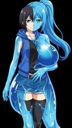 2girls ai_generated black_boots black_hair black_legwear black_shirt blue_eyes blue_hair blue_hoodie cleavage fusion green_eyes hair human_female large_breasts long medium_breasts nude ponytail short_hair sleeveless_shirt slime slime_girl transformation transformation_sequence