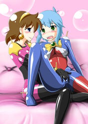 2010 2girls allenby_beardsley blue_eyes blue_hair blush bodysuit breasts brown_hair curvaceous duo erect_nipples female female_only fingering fingering_partner fingering_pussy fingering_through_clothes g_gundam green_eyes gundam hairband highres human jpeg large_breasts latex light-skinned_female light_skin mobile_trace_suit multiple_girls pillow pilot_suit rain_mikamura shiny_clothes short_hair spread_legs tamakko tears through_clothes yuri