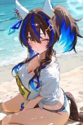 ai_generated animal_ears beach daitaku_helios_(umamusume) female gyaru hair_pin horse_girl looking_up_at_viewer two_tone_hair umamusume umamusume_pretty_derby