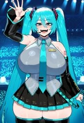 ai_generated armpits blue_eyes blue_hair blush breast_grab breasts dark-skinned_male female hatsune_miku huge_breasts juuicyai massive_ass massive_breasts sweat thicc_thighs thick_ass vocaloid