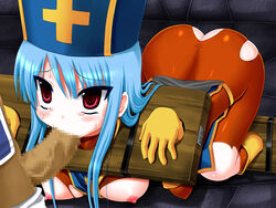 1boy 1girls ass blue_hair blush bodysuit bondage boots bound_feet censored clothing dragon_quest dragon_quest_iii erect_nipples fellatio female forced_oral gloves hair hat human latex long_hair male medium_breasts merchant_(dq3) nipples oral pillory priest_(dq3) rape red_eyes stocks straight sweat tear torn_clothes trubka