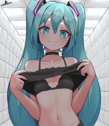 1girls :3 asylum black_bra blue_eyes blue_hair bra hatsune_miku lifted_by_self looking_at_viewer small_breasts twintails underwear vocaloid zambonito