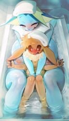 1boy @_@ absurdres age_difference bath bathing bathtub black_sclera blush breasts colored_sclera completely_nude eevee eeveelution female fins furry furry_female furry_male furry_with_furry head_fins highres hug hug_from_behind huge_breasts implied_handjob mixed-sex_bathing nipples nude onee-shota partially_submerged pokemon shared_bathing smile tail thighs towel towel_on_head vaporeon water wet yuio yuio58ok