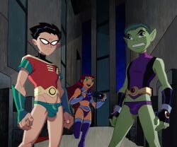 ai_assisted beast_boy bikini briefs dc dc_comics dick_grayson embarrassed embarrassed_underwear_male embarrassing embarrassing_outfit female femdom male robin_(dc) robin_(dick_grayson) robin_(teen_titans) starfire teen_titans underwear undieboi22