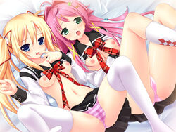 2girls blonde_hair blue_eyes blush breasts embarrassed green_eyes hair_ornament highres lingerie long_hair lying multiple_girls navel nipples no_bra panties pink_hair pink_panties plaid shirt_lift spread_legs striped striped_panties tartan thighhighs underwear wet_panties white_legwear white_thighhighs