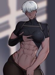 abs aether_whiskey dark-skinned_female female female_only lifting_shirt midriff oc piercing seductive seductive_look short_hair smile solo solo_female toned_female white_hair yellow_eyes