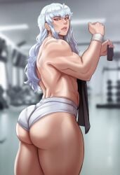 abs ai_generated ambush_(trap) ass ass ass_focus back back_muscles berserk gay girly gloopai griffith gym gym_clothes gym_shorts huge_ass looking_at_viewer male male_focus male_only muscular muscular_arms muscular_back nai_diffusion novelai short_shorts shorts solo solo_male thick_ass thick_lips tight_clothes tight_clothing topless topless_male towel underwear white_clothes white_hair