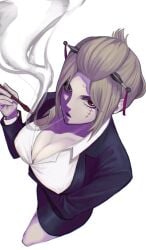 big_breasts blonde_hair booozu_0 business_attire business_suit business_woman cleavage facial_scar female female_only gintama hair_ornament high-angle_view kiseru kunai looking_at_viewer miniskirt official_alternate_costume pipe purple_eyes purple_theme scar screencap_redraw smoke smoking smoking_pipe solo suit tied_hair tsukuyo updo