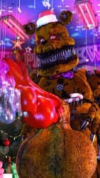 2022 animatronic bear big_fangs bow_tie bowtie christmas christmas_headwear claws cum cum_drip cum_dripping cum_string cum_trail cumming ejaculation exposed_endoskeleton fangs fangs_out finger_claws five_nights_at_freddy's five_nights_at_freddy's_4 gift gift_box gumboochie headgear headwear huge_balls huge_testicles hyper_balls hyper_testicles ingame_model looking_at_viewer machine male male_only nightmare_fredbear_(fnaf) orgasm robot scottgames sharp_claws sharp_teeth solo stomach_mouth ursid withered