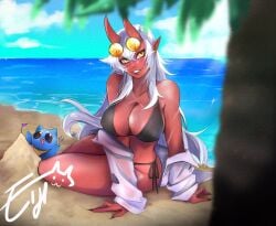 akumi beach bikini black_bikini blurry blurry_background blurry_foreground blush breasts cleavage day depth_of_field eyebrows_visible_through_hair eyewear_on_head female horns large_breasts long_hair looking_at_viewer ocean palm_tree pointy_ears red_skin side-tie_bikini sitting smile solo sunglasses swimsuit tree vyugen white_hair yellow_eyes