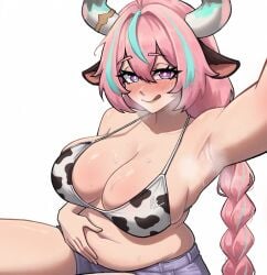 armpits big_belly big_breasts breasts chubby cow_ears cow_horns cow_print exposed_fat_belly fat fat_female fat_girl fat_woman genshin_impact hoyoverse licking_lips light-skinned_female light_skin lissamikodraws mihoyo mihoyo_technology_(shanghai)_co._ltd. natlan_girls paizuri seductive sweaty sweaty_body varesa_(genshin_impact) white_background