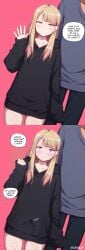 2boys ai_assisted ai_generated black_hoodie blonde_hair blush comic embarrassed english_text erection erection_under_clothes erection_under_clothing femboy feminine_male fishnets high_resolution highres hoodie long_hair neutral_expression original original_artwork original_character otoko_no_ko oversized_hoodie pants pink_background pink_eyes scarabb self_upload simple_background sissy sweat sweatdrop sweater text text_bubble tomgirl trap watermark waving waving_at_viewer