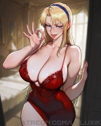 1girls ai_generated bare_shoulders blonde_hair blue_eyes cleavage clothing_cutout dress evening_gown freezing_(series) glasses handjob_gesture headband imminent_oral large_breasts long_hair luluxik mature mommy open_mouth red_dress satellizer_el_bridget tagme tongue_out wide_hips