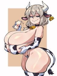 1girls blue_eyes breasts cow_bell cow_ears cow_horns cow_print cow_print_armwear cow_print_bikini cow_print_gloves cow_print_thighhighs enormous_breasts female female_focus female_only horns huge_breasts long_hair looking_at_viewer mature mature_female milf milk milk_bottle mother side_view silver_hair srbready thick_thighs uzaki-chan_wa_asobitai! uzaki_tsuki voluptuous voluptuous_female