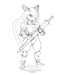 armor armored armored_female big_breasts black_and_white breasts female full_body greyscale huge_breasts jmf kirlia knight knight_armor looking_at_viewer monochrome pokemon pokemon_(species) shield sketch sword tagme thick_thighs wide_hips