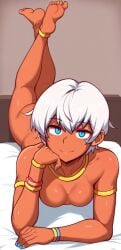 ai_generated aianonguy barefoot bed blue_eyes dark_skin dross_(style) elena_(street_fighter) feet jewelry nude self_upload solo_female stable_diffusion white_hair