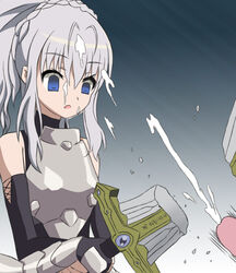 armor blue_eyes cum hidan_no_aria jeanne_d'arc_(hidan_no_aria) penis sword weapon white_hair