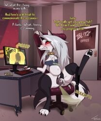 absurd_res animal_genitalia animal_pussy animal_vulva anthro ass belly big_belly big_butt big_pussy big_vulva breasts canid canid_demon canine canine_genitalia canine_pussy canine_vulva canis cellphone chair claws clothed clothing collar computer cursed cursed_collar cursed_object demon desk dominant dominant_female duo electronics english_text fart fart_cloud feces feet female female/female finger_claws finger_fuck fingering fingering_self fingerless_gloves furniture genitals gloves hair handwear hellaverse hellhound helluva_boss hi_res inflation long_hair looking_at_porn loona_(helluva_boss) magic magic_user mammal masturbation mythological_canine mythological_creature mythology office office_chair partially_clothed pawpads paws phone pornography profanity pussy rumbling_stomach scat scat_inflation scatplay small_breasts spiked_collar spikes stirrup_legwear table text through_screen toby_art toe_claws toes topwear vaginal_penetration vulva wolf